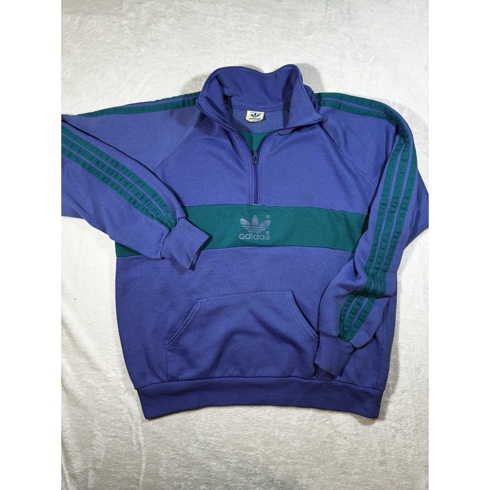 Vintage Made In USA Adidas Size XL Trefoil 3 Stripe Crewneck Pullover 1/4 Zip
